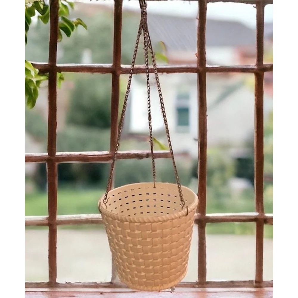 MCM 70s Planter removable Gold Hanging Chains MidCentury White Basketweave Mint